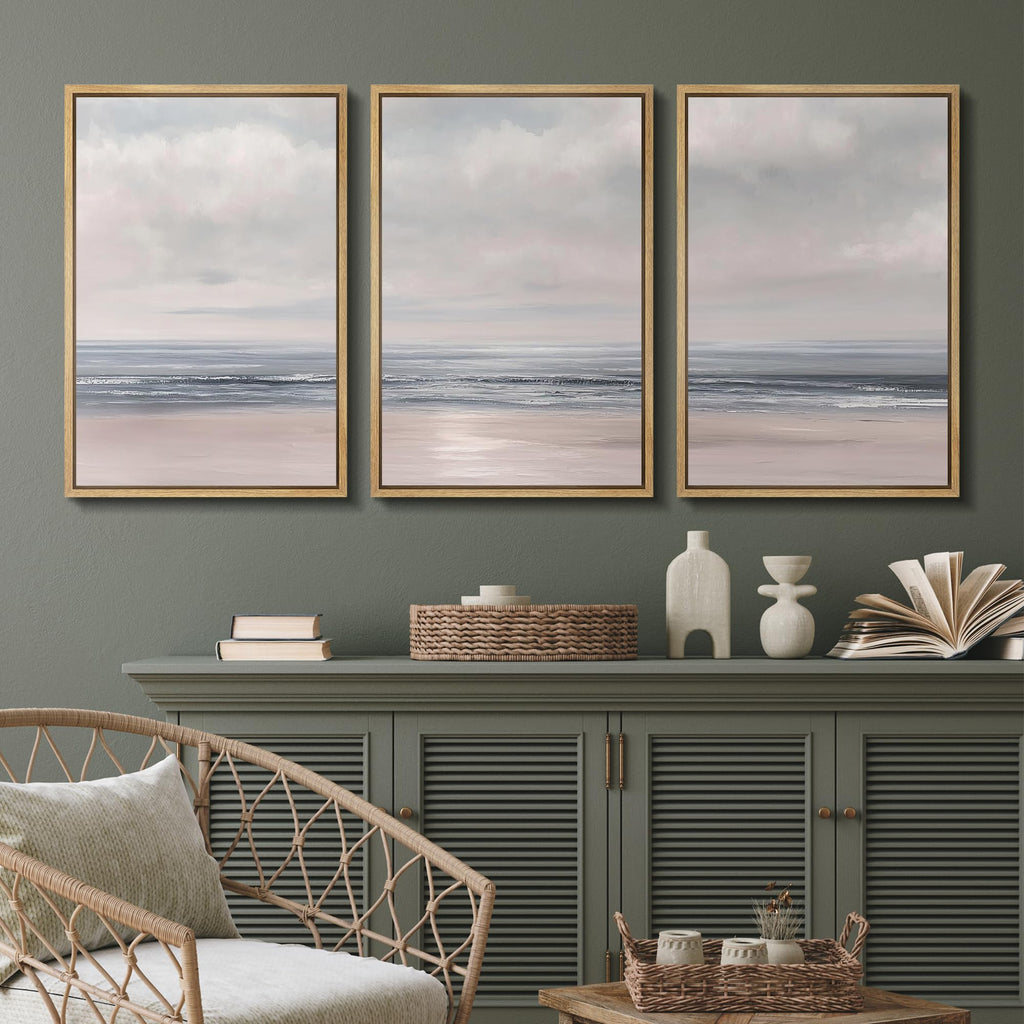 Framed Canvas Print Wall Art Set Soft Blush Pink Coastal Illustrations Modern Art Relax/Calm - 24"x36"x3 NATURAL