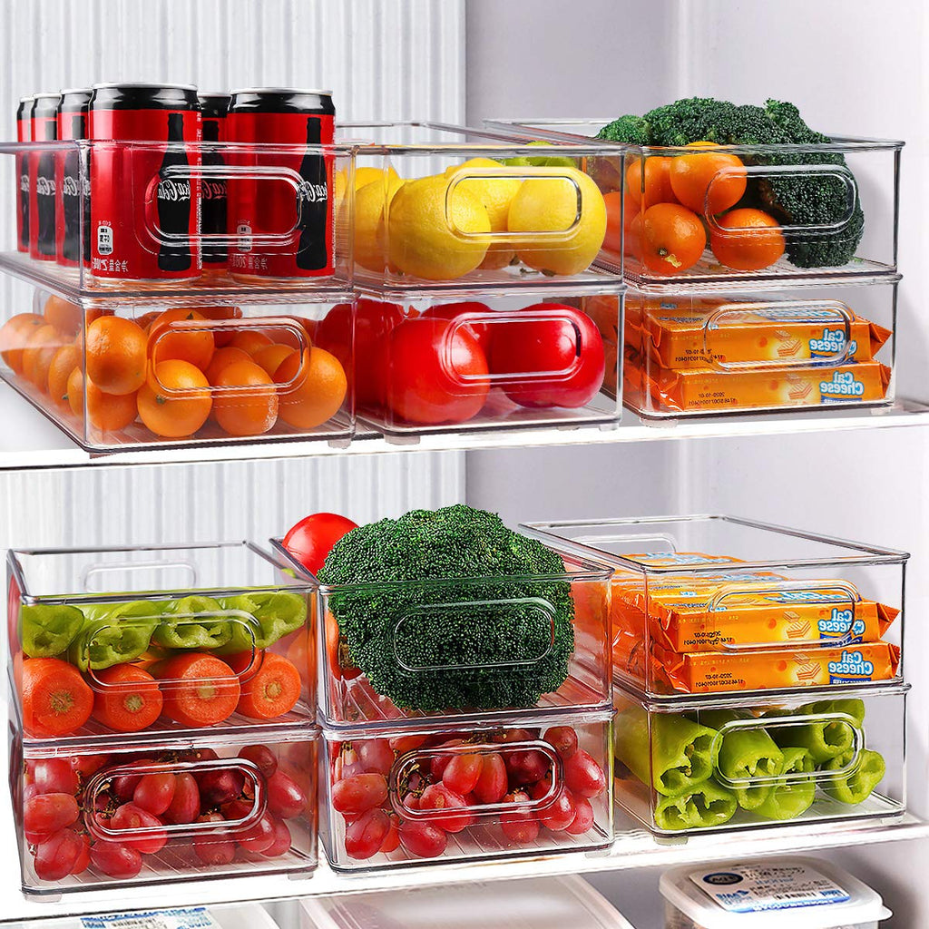 Stackable Refrigerator Organizer Bins, 6 Pack Clear Kitchen Organizer Container Bins with Handles and 20 PCS Plastic