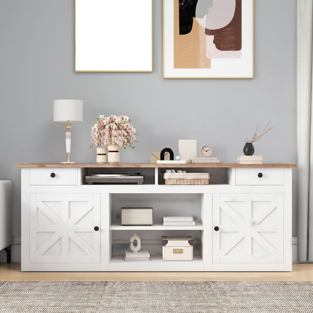 Farmhouse TV Stand with Power Outlet for 75"/80" TVs, White+Walnut Top