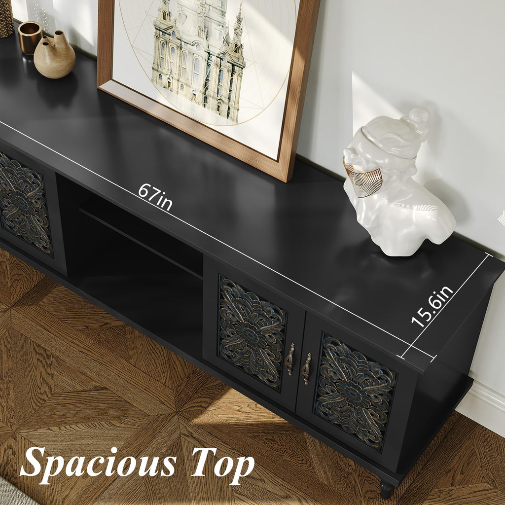 67" Retro TV Stand with Hollow Carved Doors, Black