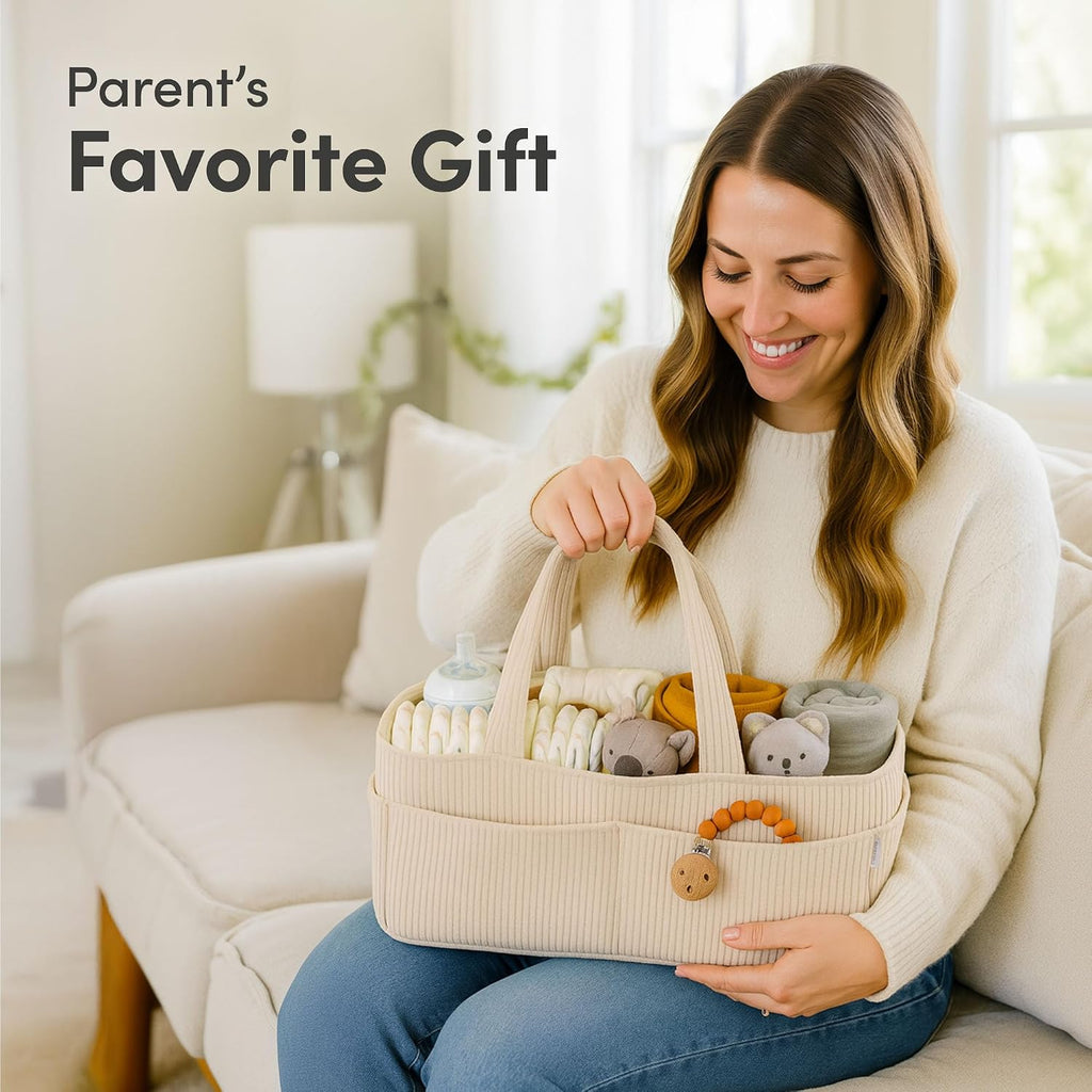 Baby Diaper Caddy Organizer, Nursery Basket (Cream, Corduroy)