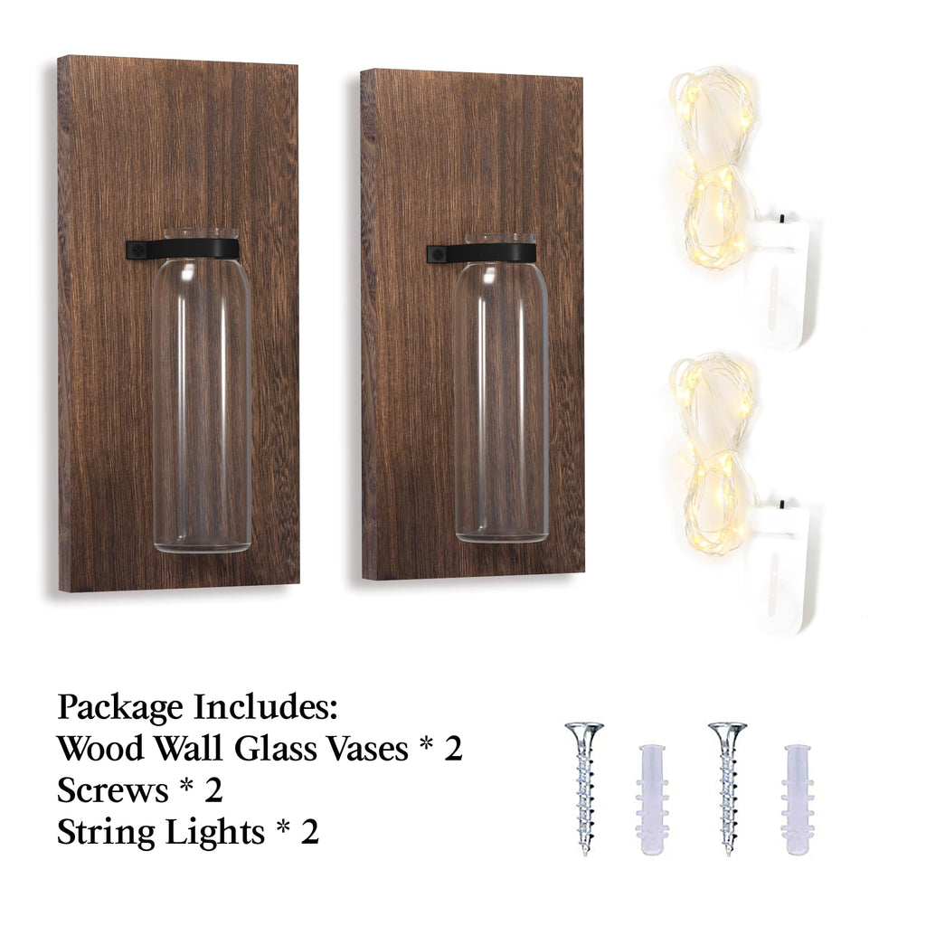2 Pack Wood Glass Wall Sconces, Farmhouse Planters for Indoor Plants, Rustic Decor, Hanging Vase (Brown)