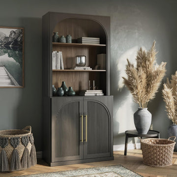 Tall Arched Storage Cabinet with Hutch,Modern Bookcase with Drawers,Freestanding Display Shelf with Fluted