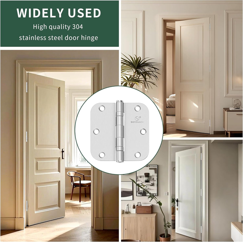 304 Stainless Steel 3.5 Inch Door Hinges Brushed Satin Nickel Interior Hinges 5/8" Radius Corners 3.5'' Ball Bearing