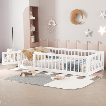 Twin Size Montessori Bed with High Fence and Guardrail, Solid Wood Floor Bed Frame for Kids Boys Girls, White