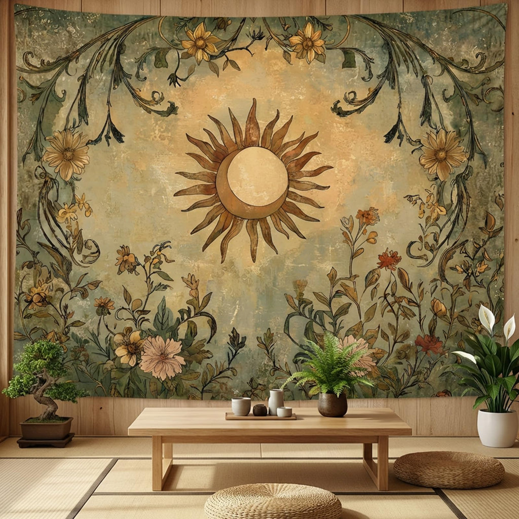 Vintage Sun and Moon Tapestry, Boho Retro Green Plant Aesthetics Tapestries Dorm, 60x80 inches