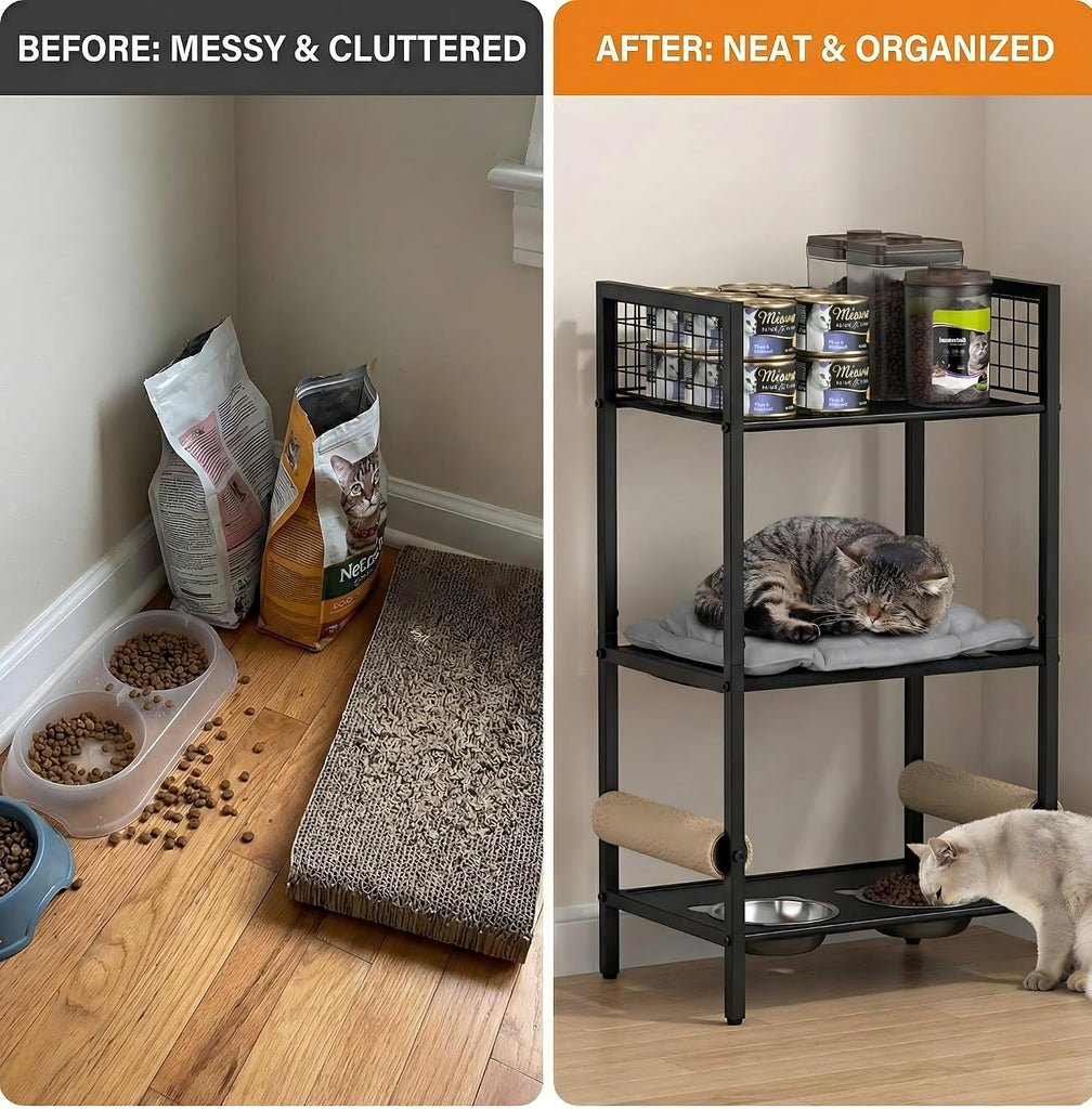 Cat Feeding Station Furniture with Scratching Post, 3-Tier Cat Food Organizer & Storage, Raised Feeding Stand with 2