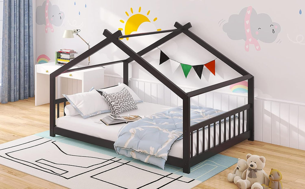 House Beds Montessori Bed Wood Frame Kids Platform Bed with Headboard & Footboard for Children Boys Girls Teens