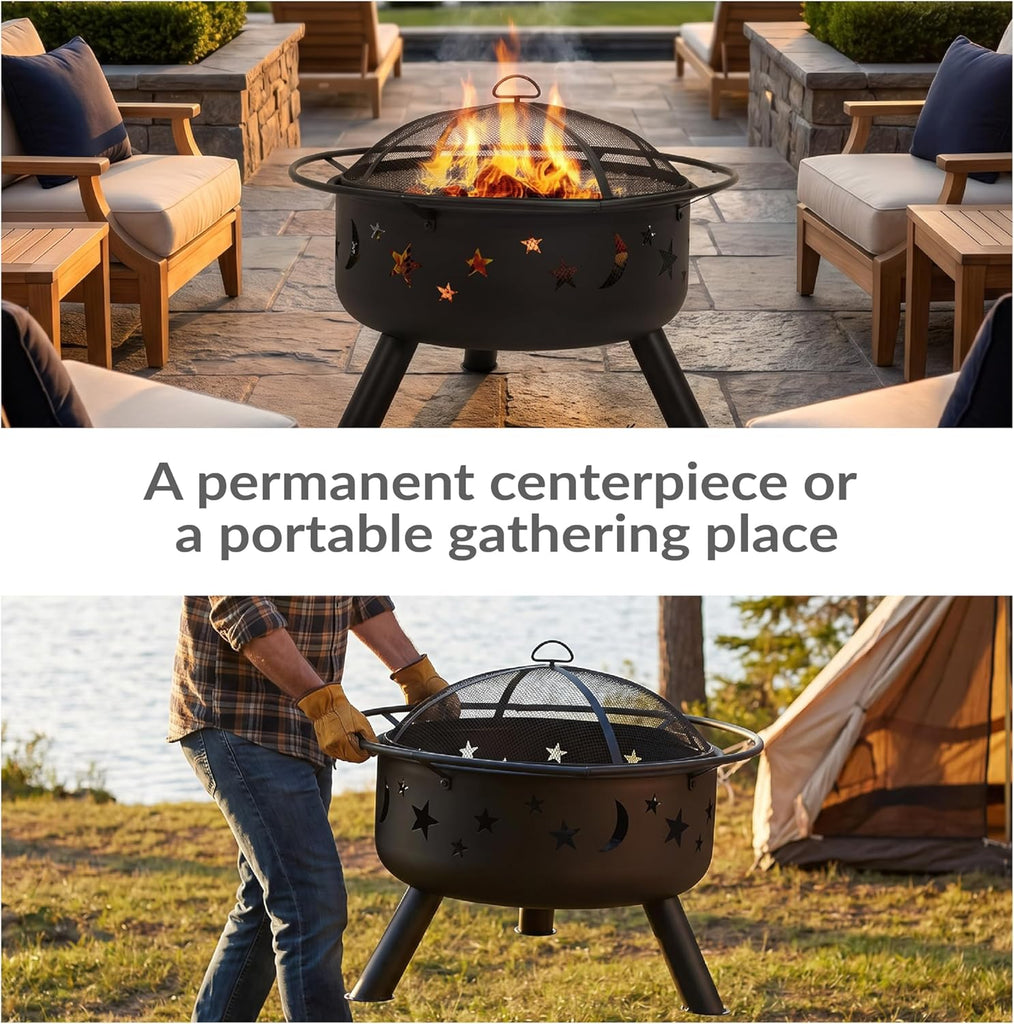 Cosmic 30-Inch Outdoor Fire Pit with Grill Grate, Spark Screen, and Fireplace Poker