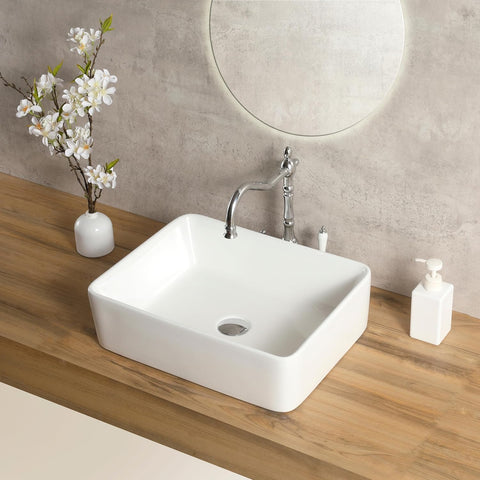 White Rectangle Bathroom Vessel Sink，19'' X 15'' Ceramic Above Counter Vessel Sinks，Modern Sink Bowls for Bathroom