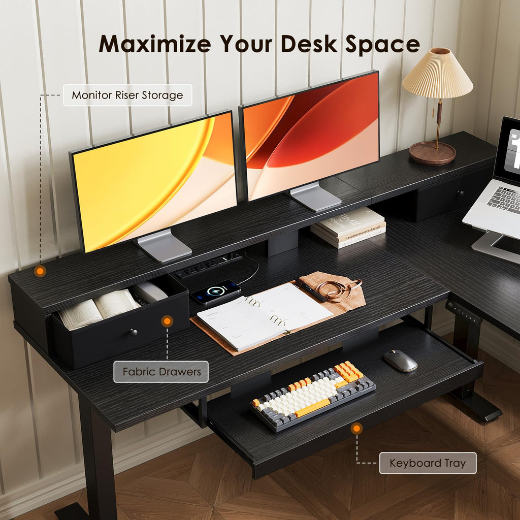 59 Inch L Shaped Electric Standing Desk with Drawers, Black