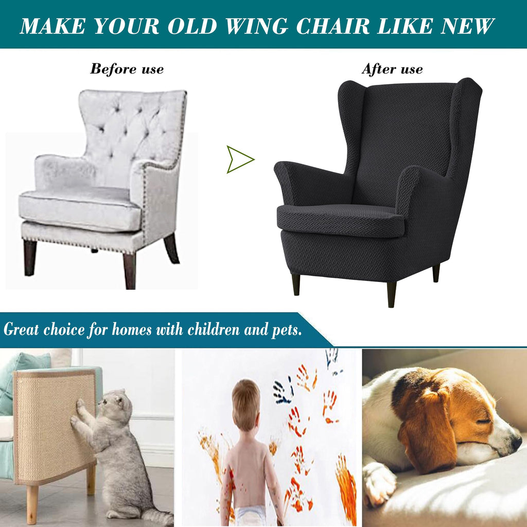 Wingback Chair Slipcover, 2 Piece Stretch Jacquard Wingback Chair Covers Thick Wing Back Chair Covers with Arms Wing
