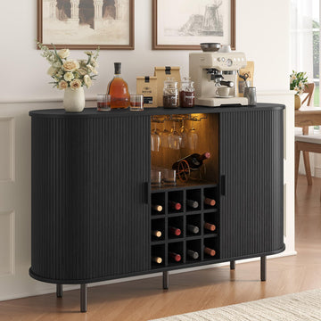 55 Inch Fluted Wine Bar Cabinet with LED Light, Black