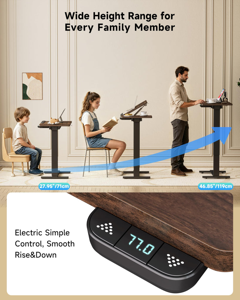 Small Electric Standing Desk, Overbed Table Wireless Tilt Top with Hidden Wheels, 27.6×15.8 Inch Adjustable Rolling