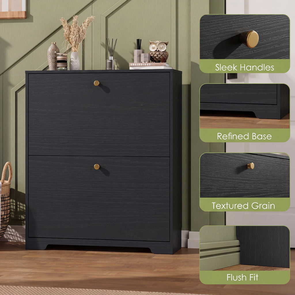 Shoe Cabinet with 2 Flip Drawers, Narrow Shoe Organizer Cabinet, Freestanding Shoe Rack Cabinet, Modern Shoe Storage