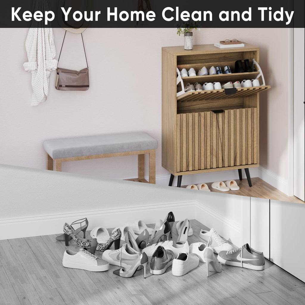 Shoe Cabinet with 2 Flip Drawers, 23.6" Natural Hidden Shoe Storage Cabinet with Fluted Design, Freestanding Shoe