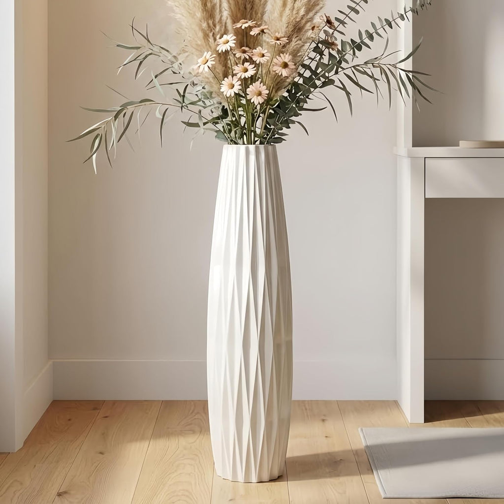 White Tall Ceramic Floor Vase, 35.4 Inch, Ribbed Design, Large Decor | Glossy Glazed Finish, Spacious Rooms