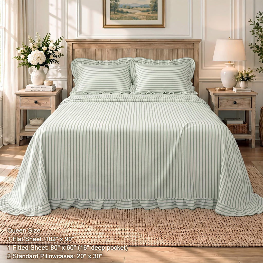 Sage Green Striped Ruffle Sheets Set, Farmhouse Cottage