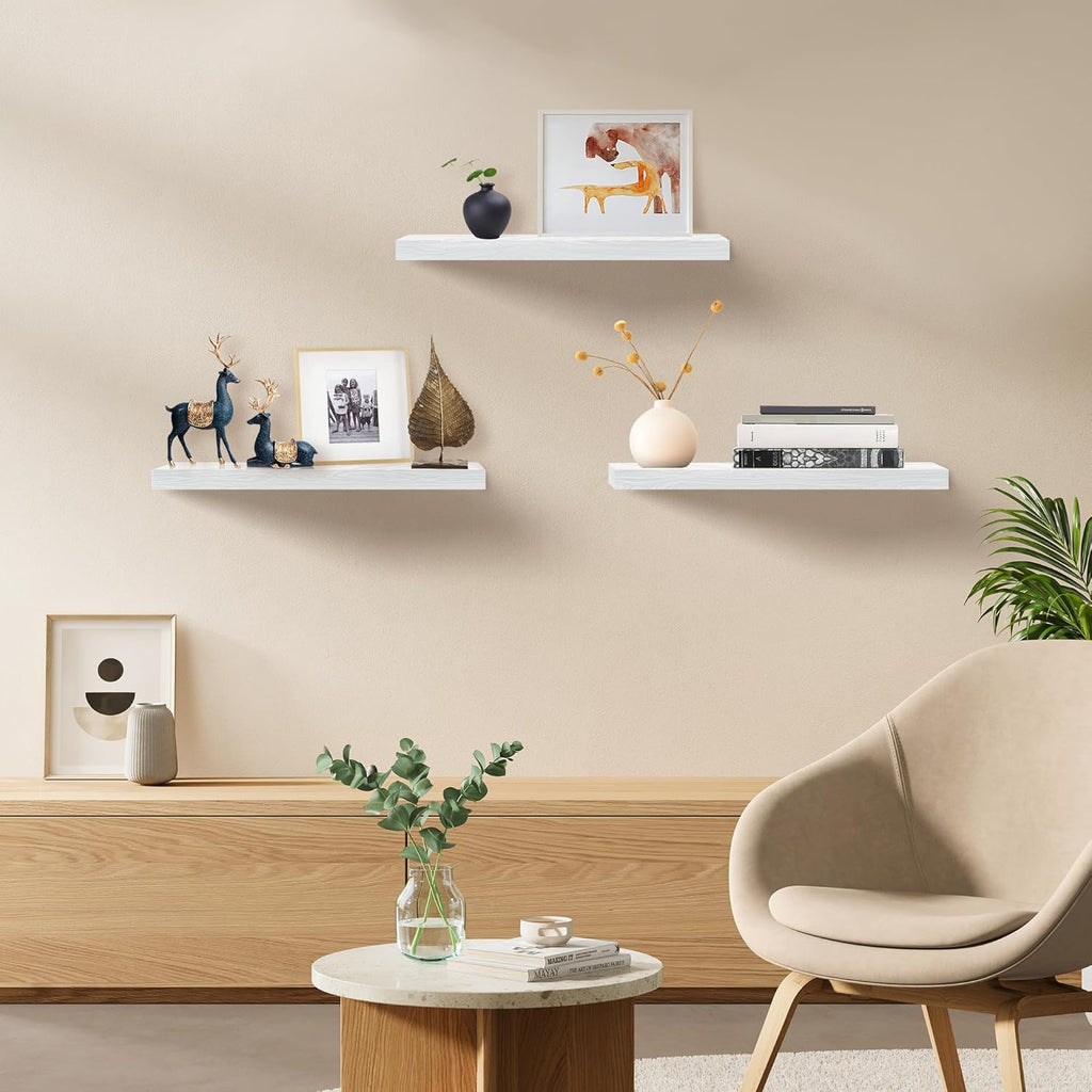 White Floating Shelves - Set of 3, 16" Wall Mounted Shelves Decor, Living Room, Bedroom, Bathroom, Kitchen
