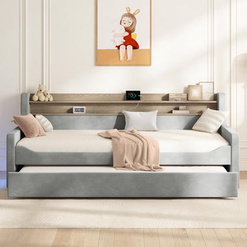 Twin Upholstered Daybed with Trundle and Storage Headboard, Gray