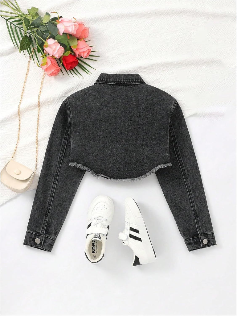 Girl's Jean Jacket Asymmetrical Raw Hem Button Down Denim Jackets
