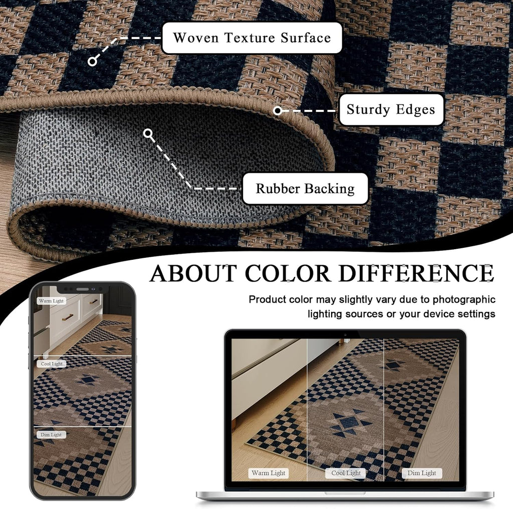 Easy Jute Runner Rugs 2x10, Non Slip Washable Rug Runner, Checkered Extra Long Rugs s, Ultra Thin Farmhouse Kitchen