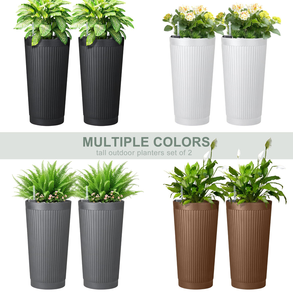 24" Self Watering Tall Black Planters Outdoor Set of 2