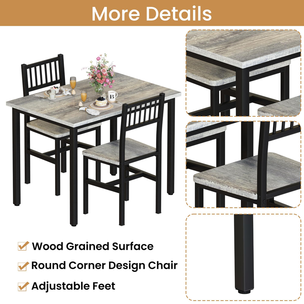 3 Piece Dining Table, Small Kitchen Table Set for 2 with Chairs(Grey)