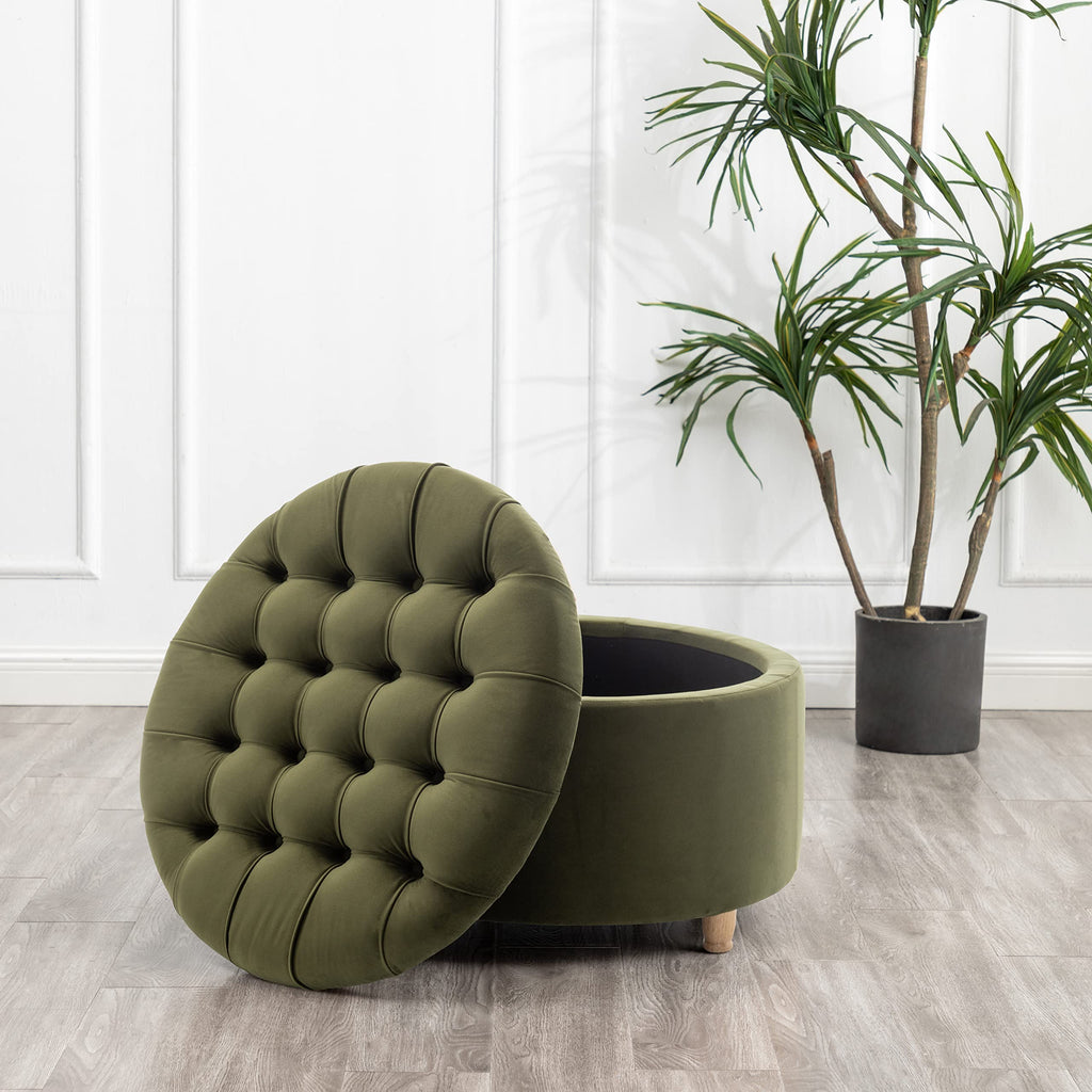 Classic 28-Inch Wide Button Tufted Round Storage Ottoman Footstool with Lift Off Lid, Sage Green Velvet