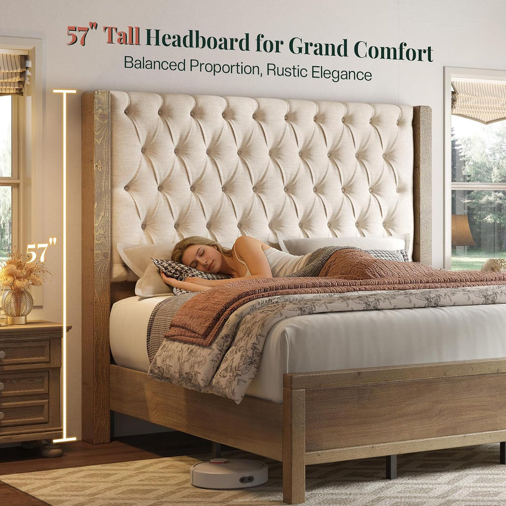 Solid Wood King Bed Frame, 57" Tall Farmhouse Platform Beds, Upholstered Line Wingback Headboard, Deep Button Tufted