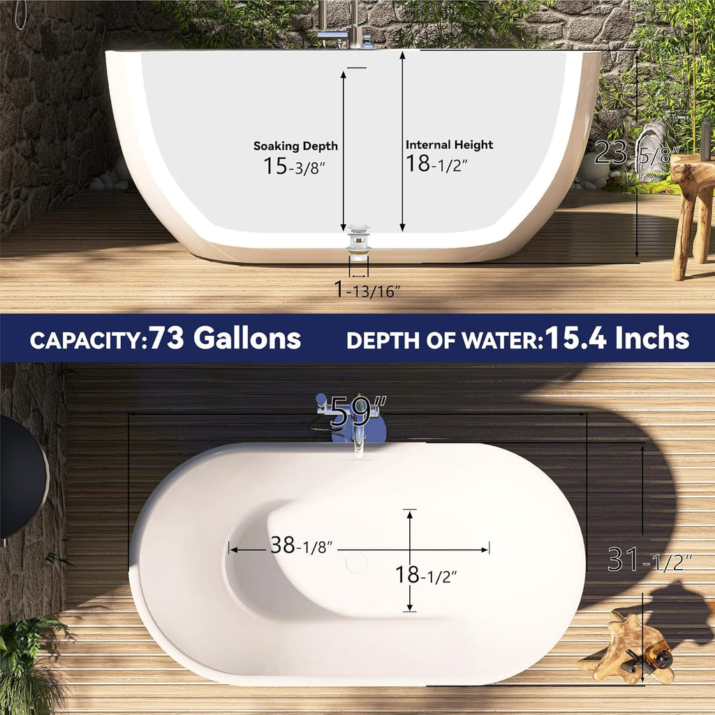 59" Acrylic Free Standing Tub, Stand Alone Tub, Freestanding Bathtub, Soaking Bathtub, cUPC Certified, SE(Glossy White)