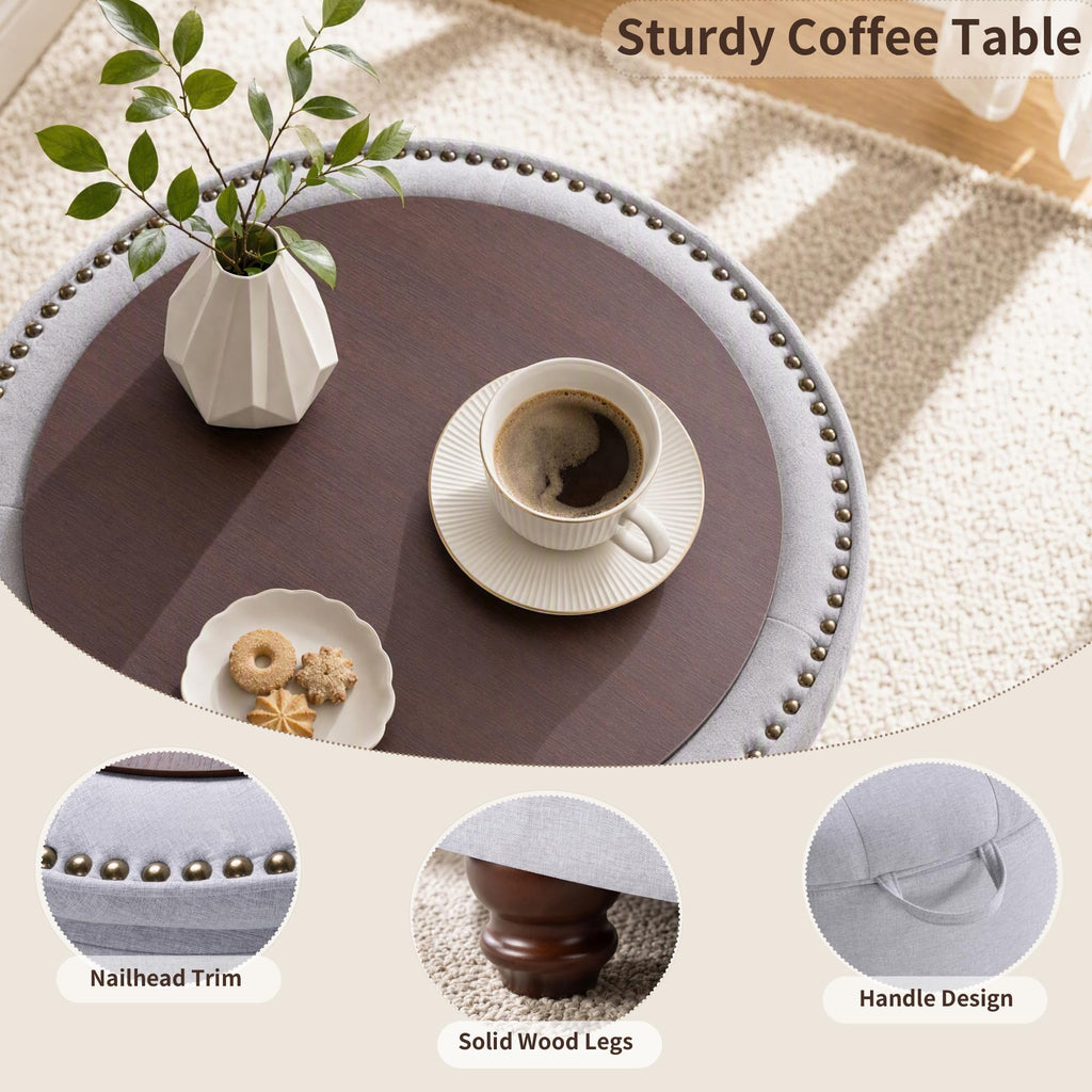 30" Round Storage Ottoman Coffee Table, Tufted Lid & Wood Top, Gray