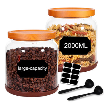 2-Pack Striped Borosilicate Glass Airtight Canisters - Big mouth Large Capacity, Acacia Wood Lid, Food Storage Jars