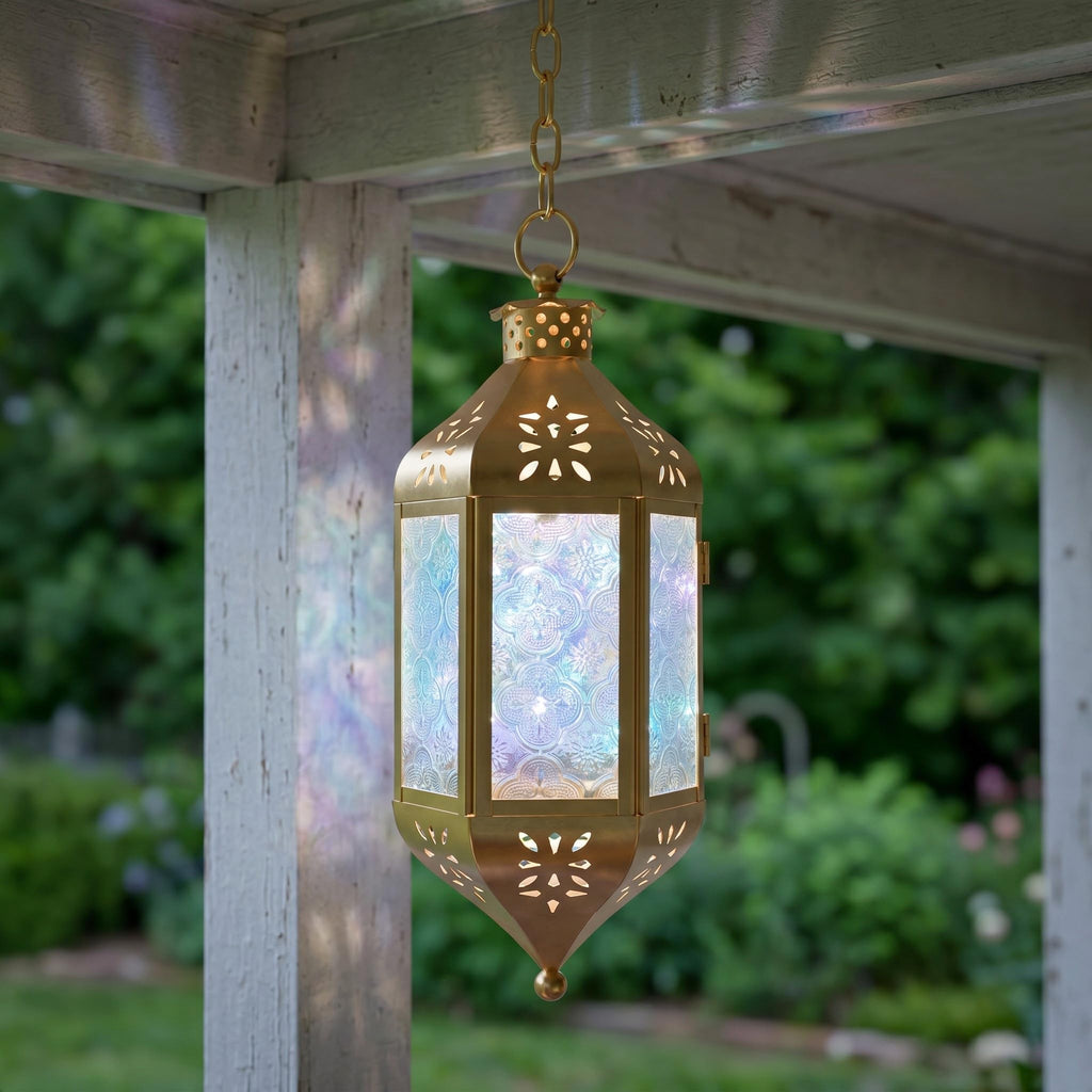 Hanging Moroccan Lantern with LED Twinkle Fairy Lights - Exotic Decorative Patio & Porch Decor, Indoor Outdoor Candle