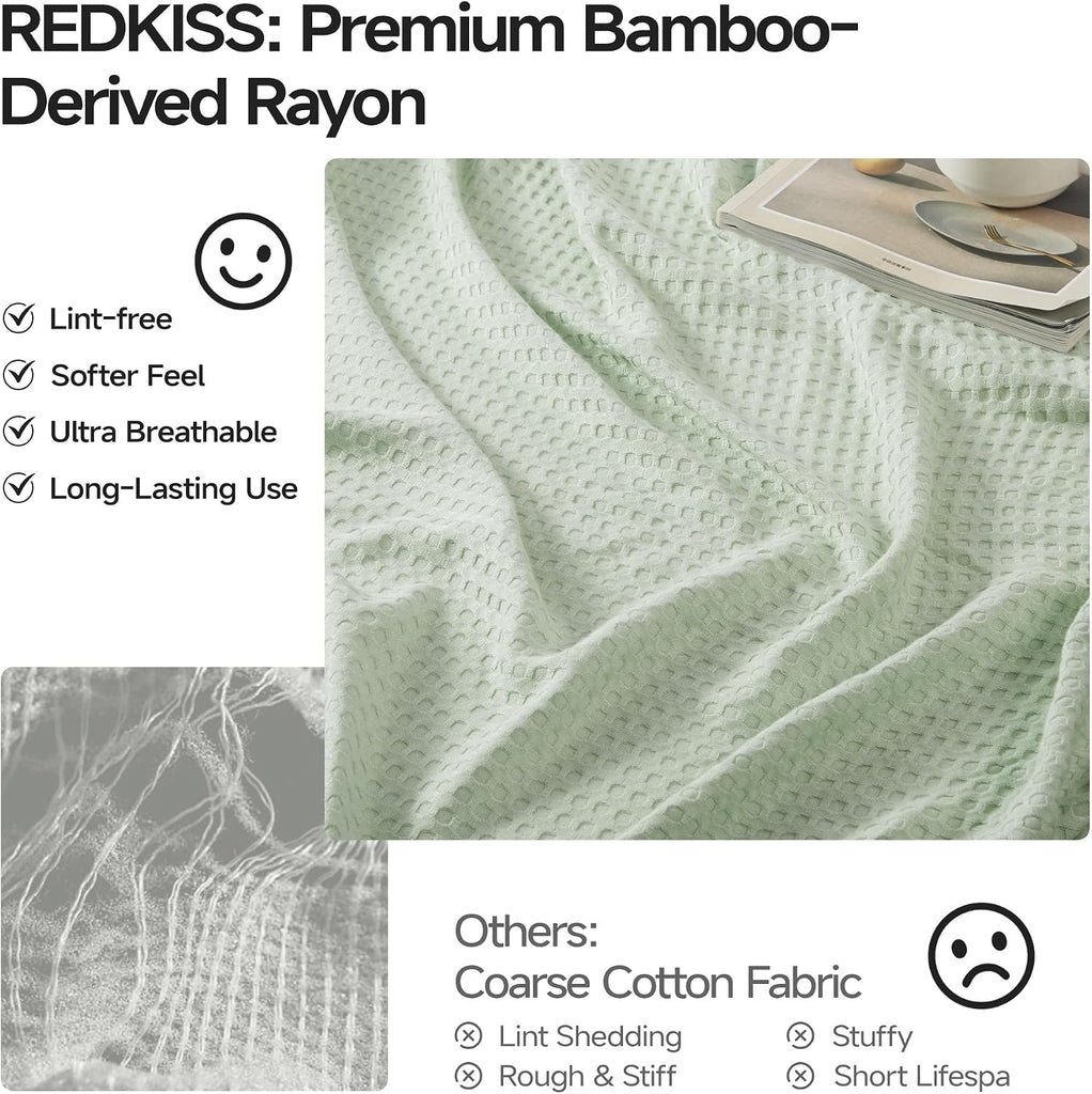 Cooling Waffle Blanket for Bed, Twin Size 60" x 90", Green | 100% Rayon Derived from Bamboo, Lightweight Breathable