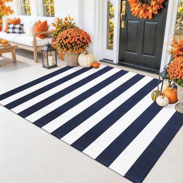 Navy and White Striped Accent Rug 3x5, Washable Indoor Outdoor Rug