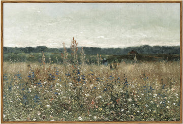 Framed Canvas Print Wall Art, Vintage Wall art Wildflower Field Vintage Print, Neutral Country Meadow Landscape