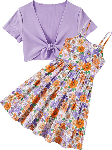 Girl Summer Dresses with Short Knot-Front Cardigan