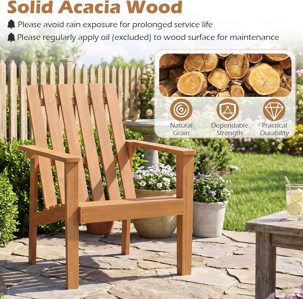 Adirondack Chair Set of 2 with Side Table, Outdoor Patio Chairs with Built-in Backrests and Armrests, Acacia Wood