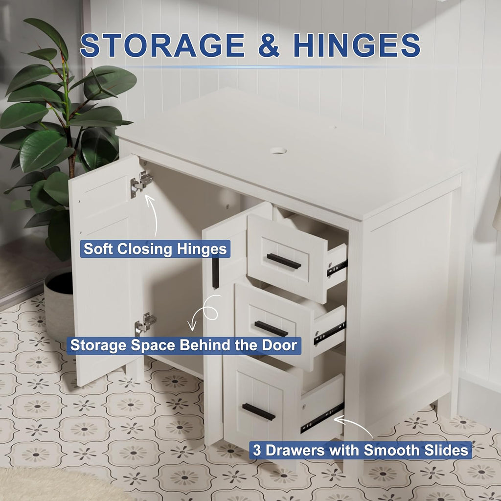36" Modern Freestanding Bathroom Vanity with Sink - Grooved Cabinet with Soft-Close Doors & Drawers