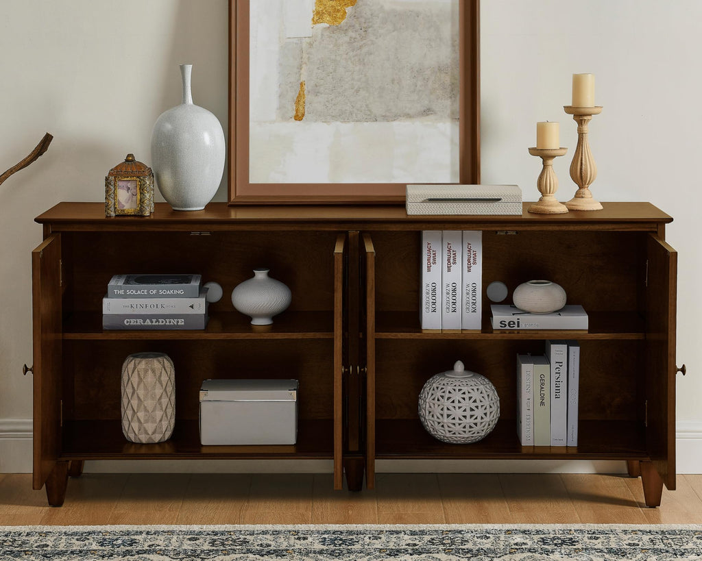 65" Mid Century Sideboard Buffet Cabinet with Solid Wood Legs, Accent Storage Cabinet Credenza with 4 Doors (Walnut)