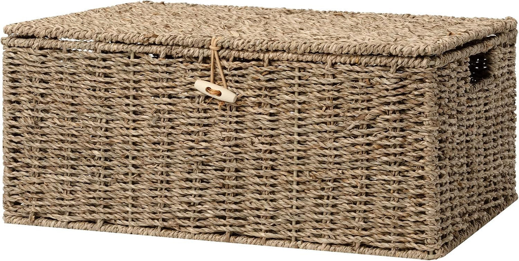 Extra Large Wicker Baskets with Lid for Organizing, Seagrass Storage Baskets for Shelves, Decorative Box with