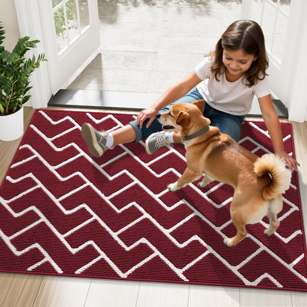 Front Door Mat 32x20, Low-Profile Easy Clean Doormat, Burgundy