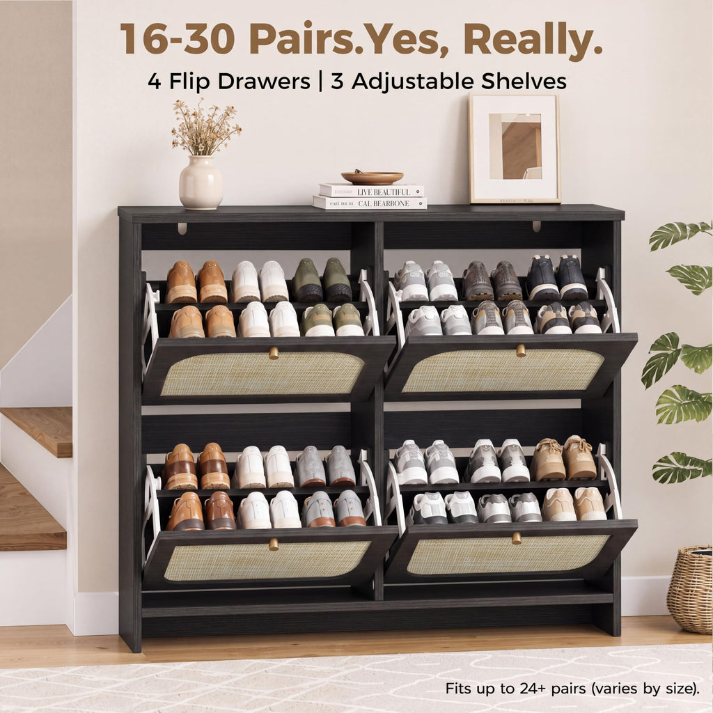 Rattan Shoe Cabinet, 9.5" Ultra-Thin Narrow Shoe Rack with 4 Flip Drawers, Boho Slim Shoe Storage Organizer with