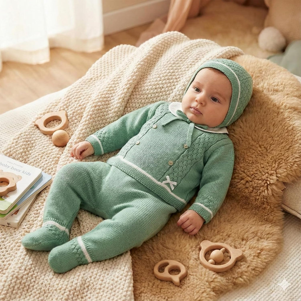 Piece Baby Knitted Set Sweater Footed Pants Hat Boys Girls Coming Home Newborn Outfit - Made in Spain