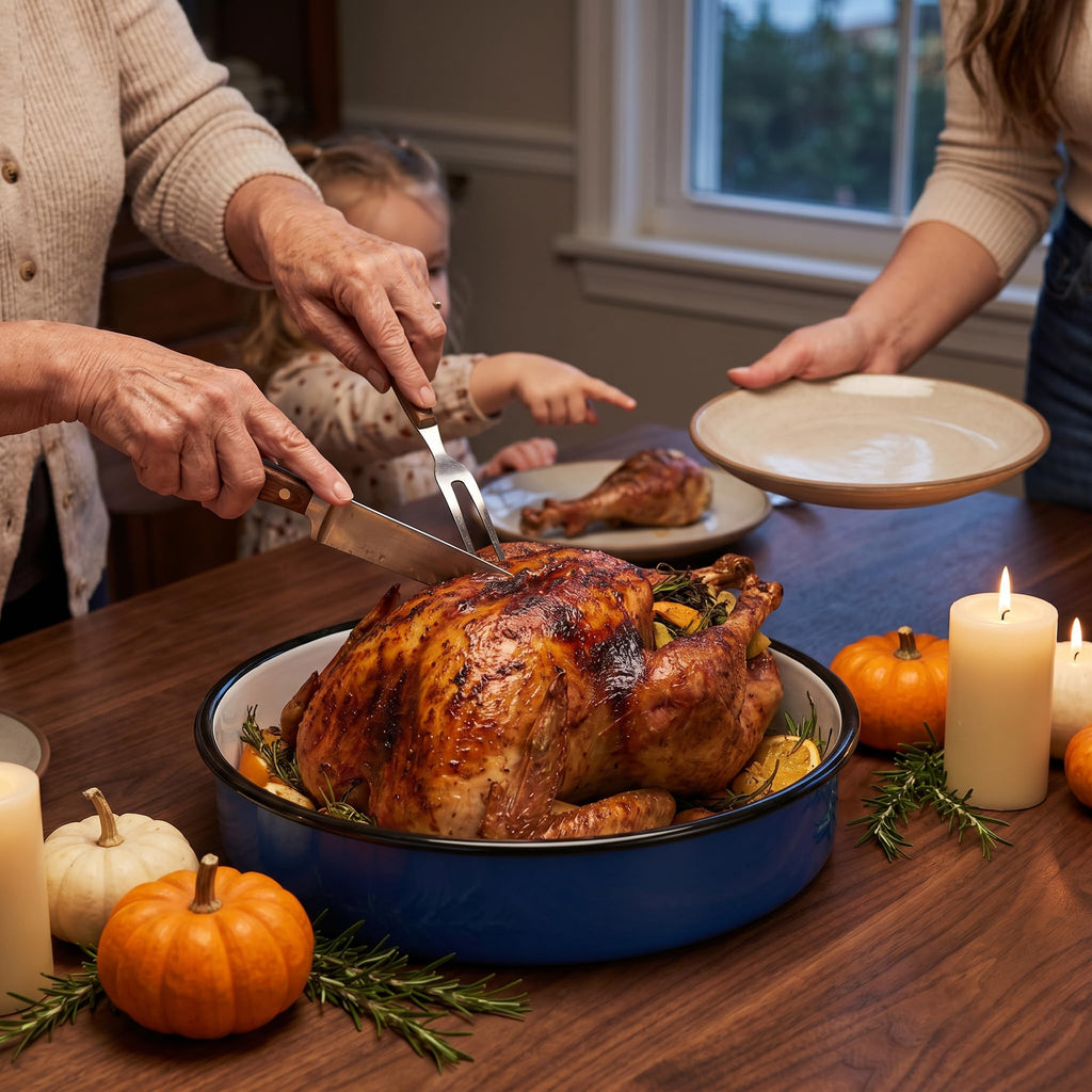 12 Inch Enamel Roasting Pan for Induction Cooktops Round Baking Pan, Thanksgiving Turkey Christmas Ham Lasagna & Pizza