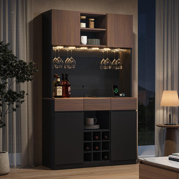 71" Wine Bar Cabinet with LED Lights, Modern Kitchen Pantry Hutch Cabinet with Storage, Black Home Coffee Bar with 3