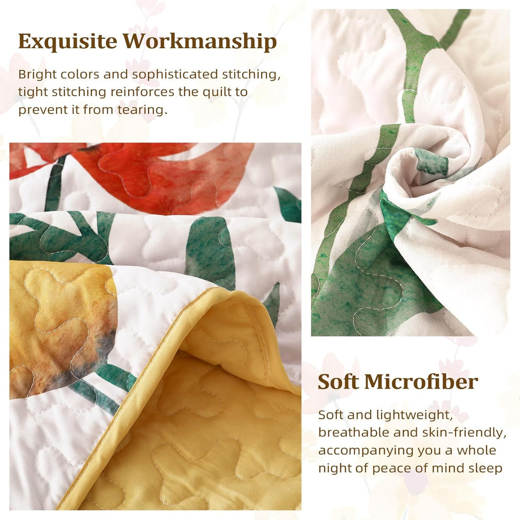 Quilt Set Queen, Yellow Floral Reversible Bedspread Soft Microfiber Lightweight Queen Quilt Bedding Sets Reversible