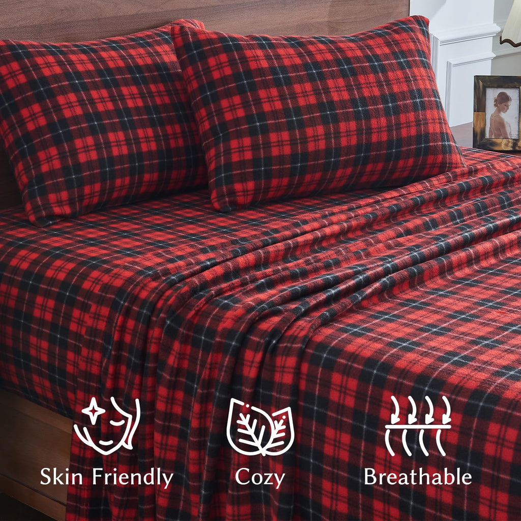 Flannel Sheets, Red Plaid Soft Warm Winter Bed Sheets