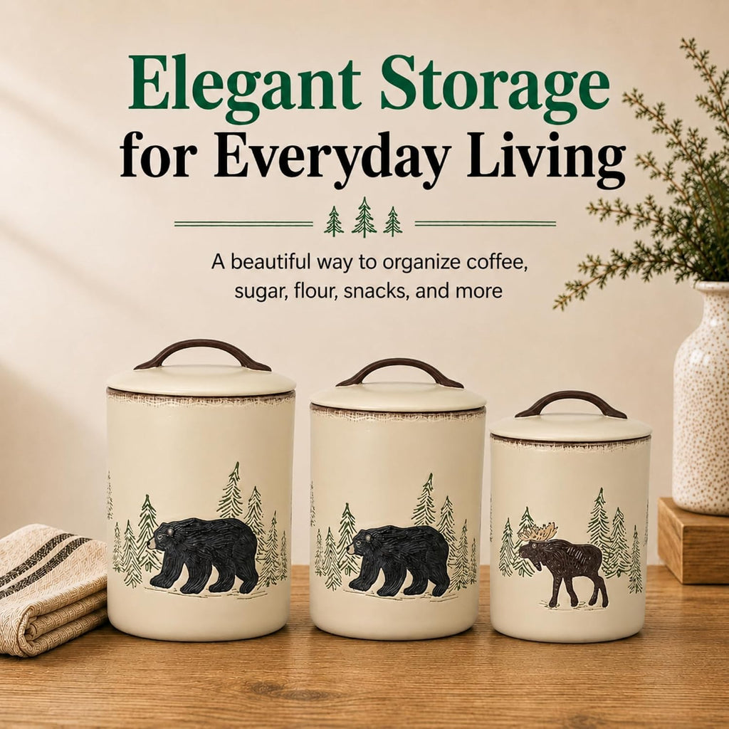 Stoneware Rustic Retreat Canister Set | Farmhouse Rustic Countertop Storage | Airtight Seal | Kitchen Counter - Set of 3
